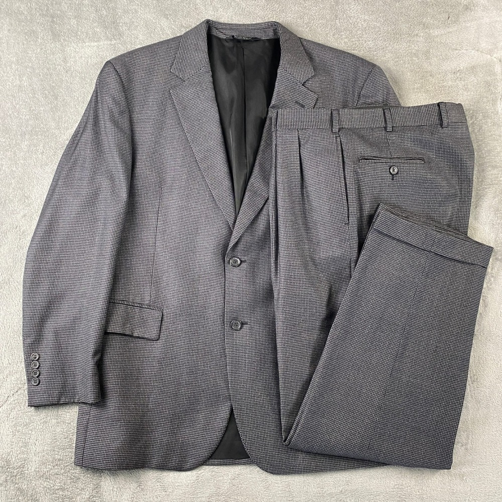 Jos. A. Bank Suit Mens 44R 38W Grey Wool Houndstooth 2-Button Pleated Cuffed